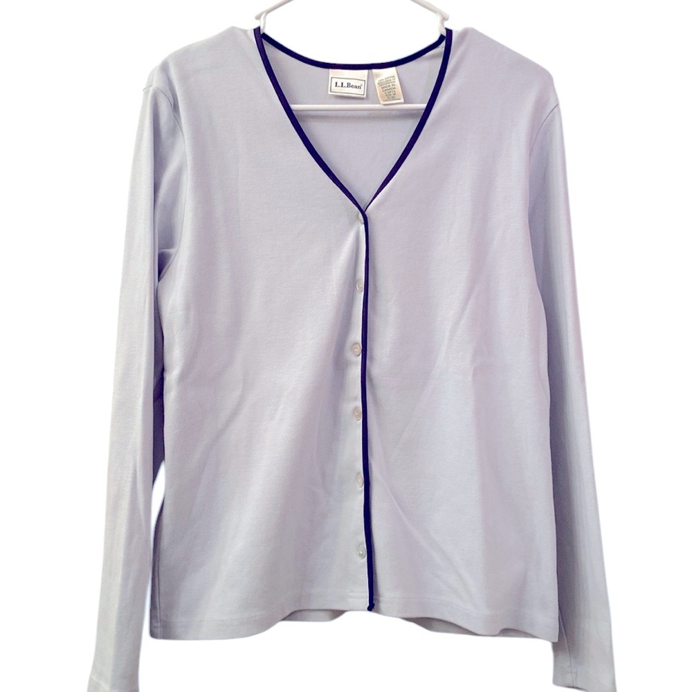LL Bean Cardigan Sweater Pale Blue Lightweight Navy Trim Cotton Buttons WM SZ M